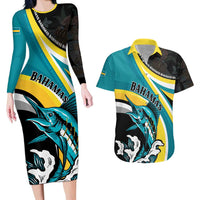 Personalised The Bahamas Blue Marlin Couples Matching Long Sleeve Bodycon Dress and Hawaiian Shirt Bahamian Coat Of Arms