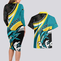 Personalised The Bahamas Blue Marlin Couples Matching Long Sleeve Bodycon Dress and Hawaiian Shirt Bahamian Coat Of Arms