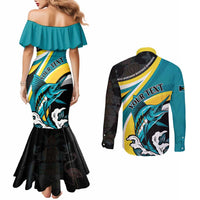 Personalised The Bahamas Blue Marlin Couples Matching Mermaid Dress and Long Sleeve Button Shirt Bahamian Coat Of Arms