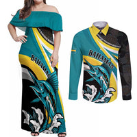 Personalised The Bahamas Blue Marlin Couples Matching Off Shoulder Maxi Dress and Long Sleeve Button Shirt Bahamian Coat Of Arms