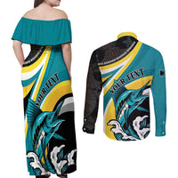 Personalised The Bahamas Blue Marlin Couples Matching Off Shoulder Maxi Dress and Long Sleeve Button Shirt Bahamian Coat Of Arms
