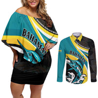 Personalised The Bahamas Blue Marlin Couples Matching Off Shoulder Short Dress and Long Sleeve Button Shirt Bahamian Coat Of Arms