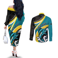 Personalised The Bahamas Blue Marlin Couples Matching Off The Shoulder Long Sleeve Dress and Long Sleeve Button Shirt Bahamian Coat Of Arms