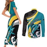 Personalised The Bahamas Blue Marlin Couples Matching Short Sleeve Bodycon Dress and Long Sleeve Button Shirt Bahamian Coat Of Arms