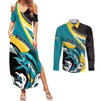 Personalised The Bahamas Blue Marlin Couples Matching Summer Maxi Dress and Long Sleeve Button Shirt Bahamian Coat Of Arms