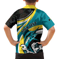 Personalised The Bahamas Blue Marlin Family Matching Off The Shoulder Long Sleeve Dress and Hawaiian Shirt Bahamian Coat Of Arms