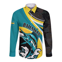 Personalised The Bahamas Blue Marlin Long Sleeve Button Shirt Bahamian Coat Of Arms