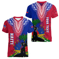 Personalised Haiti Women V Neck T Shirt Ayiti Neg Maron With Dashiki Royal - Wonder Print Shop