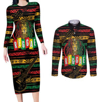 International Reggae Day Couples Matching Long Sleeve Bodycon Dress and Long Sleeve Button Shirt Rastafarian Lion Legend of Reggae - Wonder Print Shop