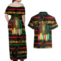 International Reggae Day Couples Matching Off Shoulder Maxi Dress and Hawaiian Shirt Rastafarian Lion Legend of Reggae - Wonder Print Shop