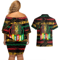 International Reggae Day Couples Matching Off Shoulder Short Dress and Hawaiian Shirt Rastafarian Lion Legend of Reggae - Wonder Print Shop