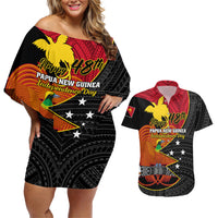 Papua New Guinea Independence Day Couples Matching Off Shoulder Short Dress and Hawaiian Shirt Happy PNG 48th Anniversary - Wonder Print Shop
