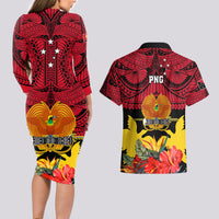 Papua New Guinea Couples Matching Long Sleeve Bodycon Dress and Hawaiian Shirt Bird Of Paradise Mix Polynesian Pattern - Wonder Print Shop