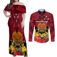 Papua New Guinea Couples Matching Off Shoulder Maxi Dress and Long Sleeve Button Shirts Bird Of Paradise Mix Polynesian Pattern - Wonder Print Shop