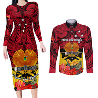 Personalised Papua New Guinea Couples Matching Long Sleeve Bodycon Dress and Long Sleeve Button Shirts Bird Of Paradise Mix Polynesian Pattern - Wonder Print Shop