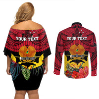 Personalised Papua New Guinea Couples Matching Off Shoulder Short Dress and Long Sleeve Button Shirts Bird Of Paradise Mix Polynesian Pattern - Wonder Print Shop