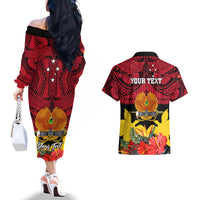 Personalised Papua New Guinea Couples Matching Off The Shoulder Long Sleeve Dress and Hawaiian Shirt Bird Of Paradise Mix Polynesian Pattern - Wonder Print Shop