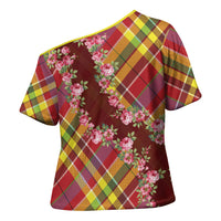 Happy Jounen Kweyol Cross Shoulder Shirt Madras Pattern Roses Stylized