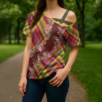 Happy Jounen Kweyol Cross Shoulder Shirt Madras Pattern Roses Stylized