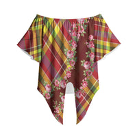 Happy Jounen Kweyol Off Shoulder Wrap Waist Top Madras Pattern Roses Stylized