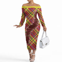 Happy Jounen Kweyol Off The Shoulder Long Sleeve Dress Madras Pattern Roses Stylized