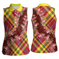 Happy Jounen Kweyol Women Sleeveless Polo Shirt Madras Pattern Roses Stylized
