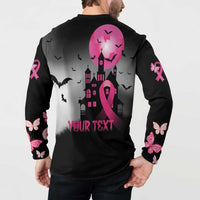 Personalized At Halloween We Think Pink Button Sweatshirt Pink Ribbon Butterflies - Wonder Print Shop