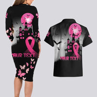 Personalized At Halloween We Think Pink Couples Matching Long Sleeve Bodycon Dress and Hawaiian Shirt Pink Ribbon Butterflies - Wonder Print Shop