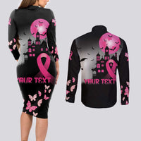 Personalized At Halloween We Think Pink Couples Matching Long Sleeve Bodycon Dress and Long Sleeve Button Shirt Pink Ribbon Butterflies - Wonder Print Shop
