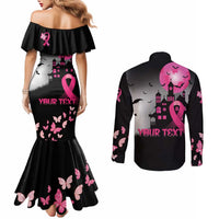 Personalized At Halloween We Think Pink Couples Matching Mermaid Dress and Long Sleeve Button Shirt Pink Ribbon Butterflies