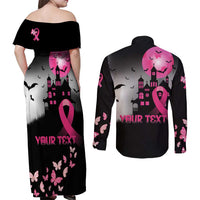 Personalized At Halloween We Think Pink Couples Matching Off Shoulder Maxi Dress and Long Sleeve Button Shirt Pink Ribbon Butterflies - Wonder Print Shop