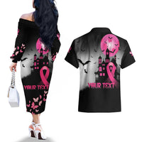 Personalized At Halloween We Think Pink Couples Matching Off The Shoulder Long Sleeve Dress and Hawaiian Shirt Pink Ribbon Butterflies - Wonder Print Shop
