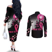 Personalized At Halloween We Think Pink Couples Matching Off The Shoulder Long Sleeve Dress and Long Sleeve Button Shirt Pink Ribbon Butterflies