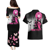Personalized At Halloween We Think Pink Couples Matching Puletasi and Hawaiian Shirt Pink Ribbon Butterflies - Wonder Print Shop