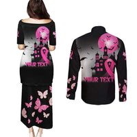 Personalized At Halloween We Think Pink Couples Matching Puletasi and Long Sleeve Button Shirt Pink Ribbon Butterflies - Wonder Print Shop
