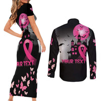 Personalized At Halloween We Think Pink Couples Matching Short Sleeve Bodycon Dress and Long Sleeve Button Shirt Pink Ribbon Butterflies - Wonder Print Shop