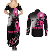 Personalized At Halloween We Think Pink Couples Matching Summer Maxi Dress and Long Sleeve Button Shirt Pink Ribbon Butterflies - Wonder Print Shop