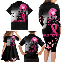 Personalized At Halloween We Think Pink Family Matching Long Sleeve Bodycon Dress and Hawaiian Shirt Pink Ribbon Butterflies - Wonder Print Shop