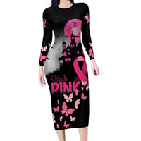 Personalized At Halloween We Think Pink Family Matching Long Sleeve Bodycon Dress and Hawaiian Shirt Pink Ribbon Butterflies - Wonder Print Shop