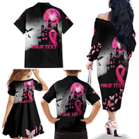 Personalized At Halloween We Think Pink Family Matching Off The Shoulder Long Sleeve Dress and Hawaiian Shirt Pink Ribbon Butterflies - Wonder Print Shop