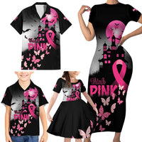 Personalized At Halloween We Think Pink Family Matching Short Sleeve Bodycon Dress and Hawaiian Shirt Pink Ribbon Butterflies - Wonder Print Shop