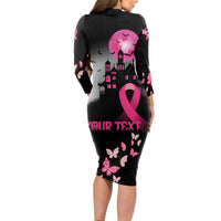 Personalized At Halloween We Think Pink Long Sleeve Bodycon Dress Pink Ribbon Butterflies - Wonder Print Shop