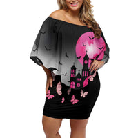 Personalized At Halloween We Think Pink Off Shoulder Short Dress Pink Ribbon Butterflies - Wonder Print Shop