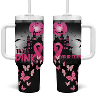 Personalized At Halloween We Think Pink Tumbler With Handle Pink Ribbon Butterflies - Wonder Print Shop