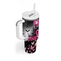 Personalized At Halloween We Think Pink Tumbler With Handle Pink Ribbon Butterflies - Wonder Print Shop