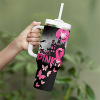 Personalized At Halloween We Think Pink Tumbler With Handle Pink Ribbon Butterflies - Wonder Print Shop