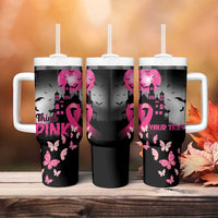 Personalized At Halloween We Think Pink Tumbler With Handle Pink Ribbon Butterflies - Wonder Print Shop