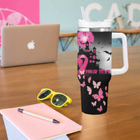 Personalized At Halloween We Think Pink Tumbler With Handle Pink Ribbon Butterflies - Wonder Print Shop