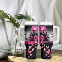 Personalized At Halloween We Think Pink Tumbler With Handle Pink Ribbon Butterflies - Wonder Print Shop