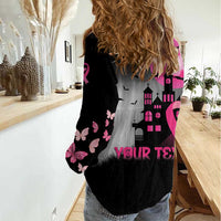 Personalized At Halloween We Think Pink Women Casual Shirt Pink Ribbon Butterflies - Wonder Print Shop